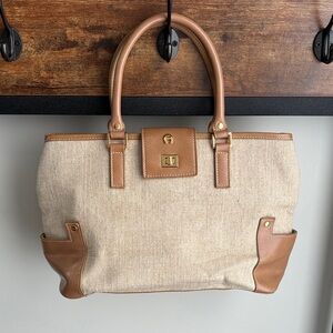 Etienne Aigner Tan and Beige Canvas Satchel